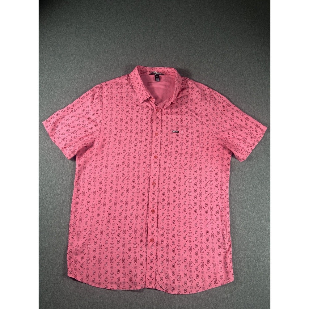Volcom Men's Pink Short Sleeve Paisley Print Button-Down Shirt L
